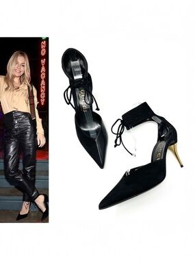 Gucci Priscilla Black Suede Leather Gold Pointed Toe Strappy High Heels 40 10